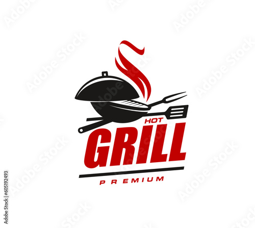 Bbq grill icon, isolated vector emblem for barbecue party celebration. Black and red label with cast-iron cauldron with grate, fire, spatula and fork. Sign for cooking event, picnic on nature, food
