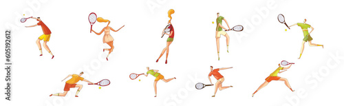 Man and Woman Athlete in Sportswear with Racket Playing Tennis Vector Set