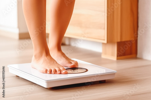 Feet on bathroom scale. Fitness and healthy lifestyle concept. Generative AI photo