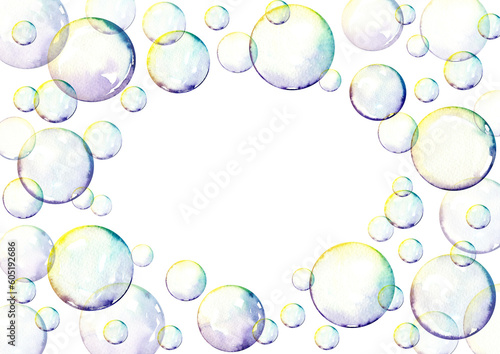 Watercolor border with colorful soap bubbles, water air bubble multicolor. frame isolated on a white background.