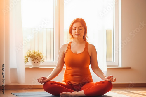 Young overweight plus size woman sitting on yoga mat and preforming practice at home. Mindfulness and meditation. Generative AI