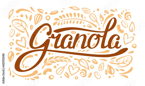 Granola. Cereal food label or doodle background. Natural food, organic farm product vector banner or granola backdrop with plants leaves, nuts and cereal ears hand drawn symbols