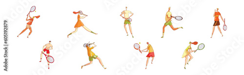 Man and Woman Athlete in Sportswear with Racket Playing Tennis Vector Set