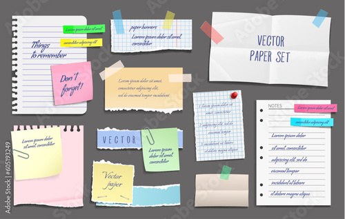 Paper notes, stickers, sticky sheets and tape. To do list empty paper pieces, reminder memo note torn sticker or business task planner colorful realistic vector sticky sheets with pins, paper clip