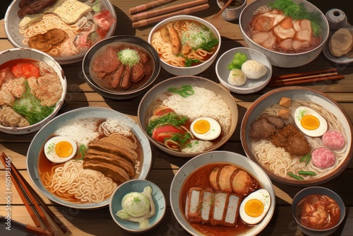 Japanese food noodle table. Generate Ai