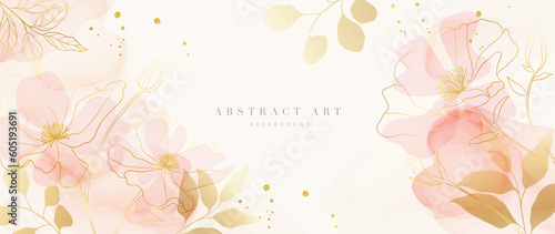 Spring floral in watercolor vector background. Luxury flower wallpaper design with wild flowers, line art, golden texture. Elegant gold botanical illustration suitable for fabric, prints, cover.
