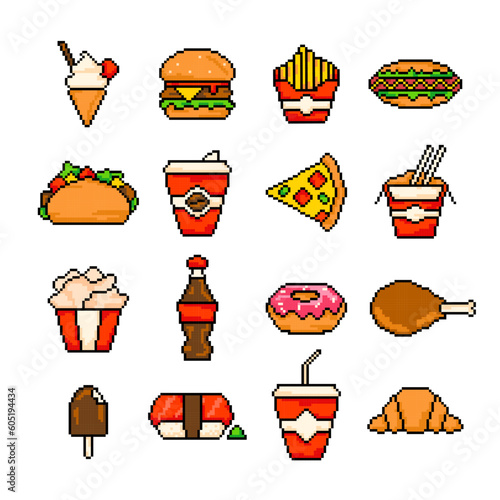 Fast food pixel art icons set, fast restaurant pixelated elements burger, hot dog, taco, ice cream, pizza, coffee.