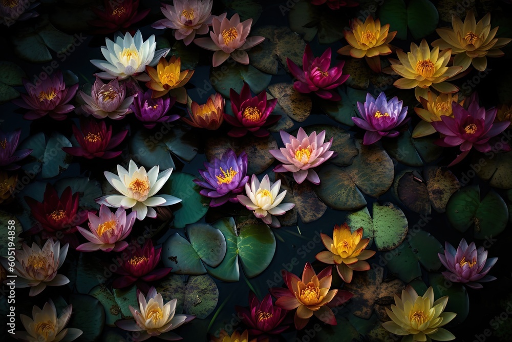 Lotus flowers in the garden. Generative AI Lotus flowers in the garden. Generative AI