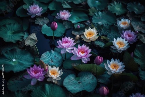 Lotus flowers in the garden. Generative AI
