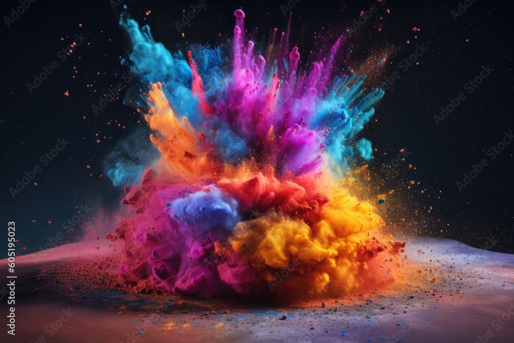 Explosion of colorful powders. Generative AI.