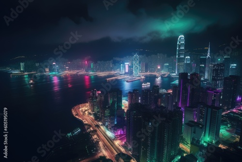 The colorful light of city skyline at night. Generative AI.
