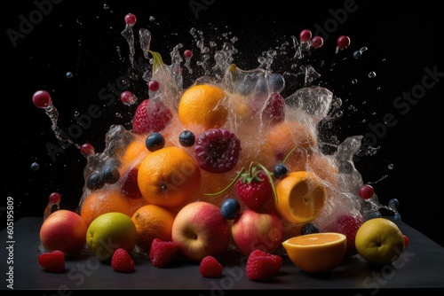 Fruits in water splashes. Generative AI.