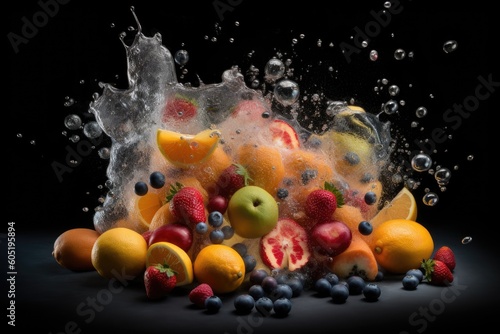 Fruits in water splashes. Generative AI.