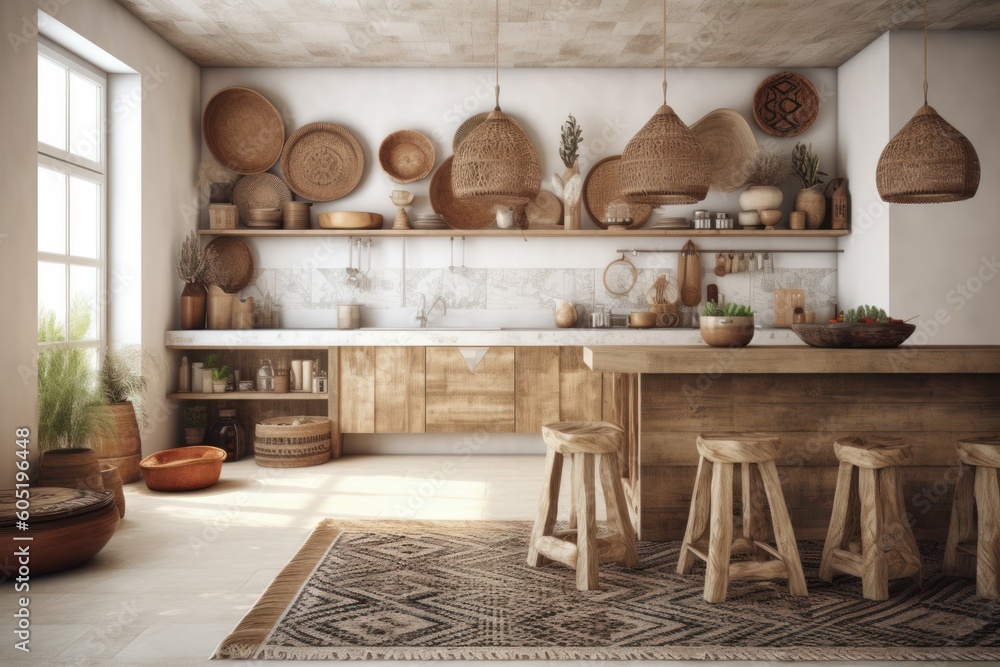 Kitchen boho rustic interior. Generate Ai Kitchen boho rustic interior. Generate Ai