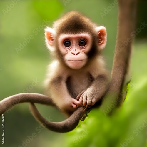 A baby monkey climbs on the tree in the natural forest.- Generative Ai photo