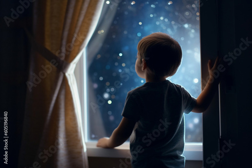 back view of A little boy is standing near the window and looking outside imagining boundless space with myriad of stars
