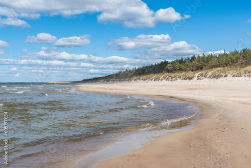 Fototapeta Naklejka Na Ścianę i Meble -  Walking on the Baltic Sea in Palanga, Klaipeda, Lithuania, with waves, cloudy sky, white sandy beach and dunes with reeds and pine tree forest