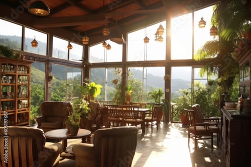 Cozy coffee shop nestled within the coffee plantation  with rustic decor  comfortable seating  and large windows offering a view of the picturesque landscape. Generative Ai