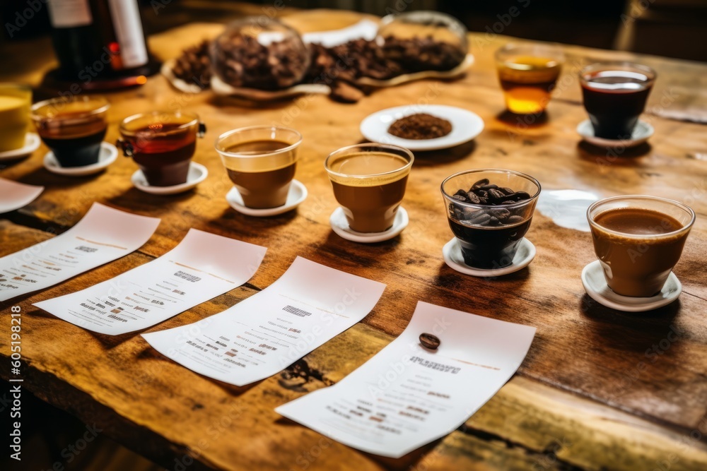 Coffee tasting session, with cups of coffee lined up on a rustic wooden table, highlighting the nuances and flavors of different coffee varieties. Generative AI Coffee tasting session, with cups of coffee lined up on a rustic wooden table, highlighting the nuances and flavors of different coffee varieties. Generative AI
