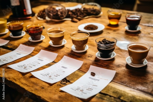 Coffee tasting session, with cups of coffee lined up on a rustic wooden table, highlighting the nuances and flavors of different coffee varieties. Generative AI photo