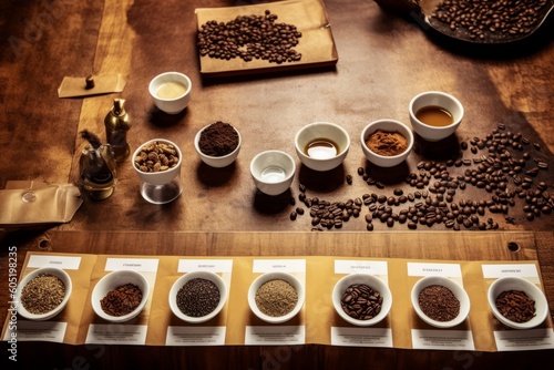 Coffee tasting session, with cups of coffee lined up on a rustic wooden table, highlighting the nuances and flavors of different coffee varieties. Generative AI
