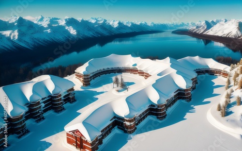 a resort in the snow with a lake in the background - Generative AI