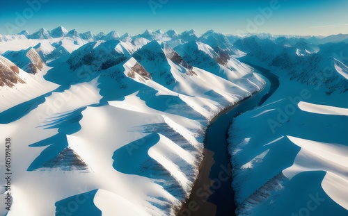 an aerial view of snow covered mountains and a river - Generative AI