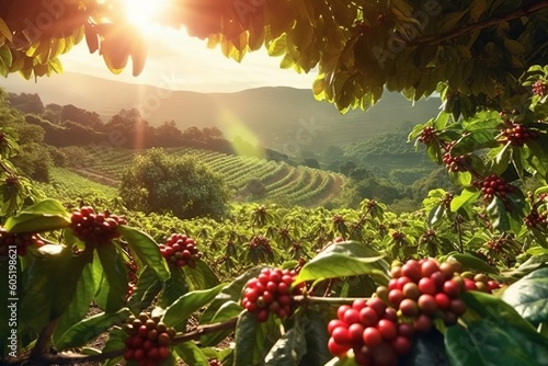 Rustic coffee plantation scene, showcasing rows of lush, green coffee plants, with ripe, red coffee cherries ready for harvest. Generative Ai photo