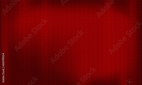 Dark red metal perforated texture. Red metal perforated background. Perforated metallic technology banner. Metal grill. Red geometric hexagonal mesh. Professional speaker structure background. Vector