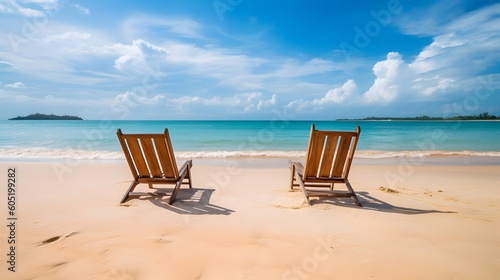 Beautiful beach. Chairs on the sandy beach near the sea © mohanad
