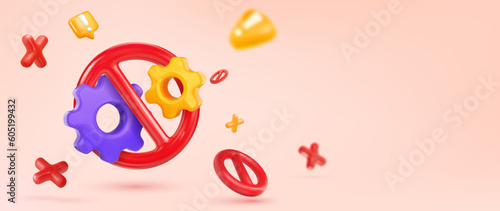 Forbidden cogwheel sign. Prohibition icon service gear. Gear icon crossed out in red circle 3d vector illustration. Repair ban. Gears is prohibited banner
