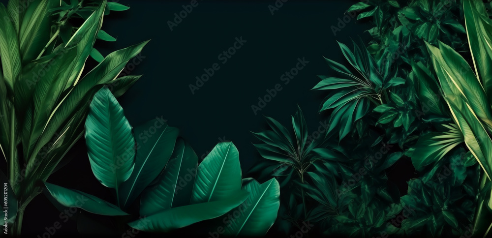 Tropical banner with exotical foliage on a green background. Place for text. Mockup for invitation, web covers, ads. Minimal, nature,organic concept. Generative ai