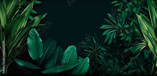 Tropical banner with exotical foliage on a green background. Place for text. Mockup for invitation  web covers  ads. Minimal  nature organic concept. Generative ai