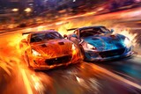 Illustration of two sports cars side by side, with one overtaking the other on a race track, captured at a high-speed moment, with flames and sparks trailing behind. Generative AI