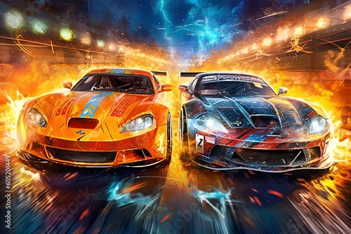 Illustration of two sports cars side by side, with one overtaking the other on a race track, captured at a high-speed moment, with flames and sparks trailing behind. Generative AI