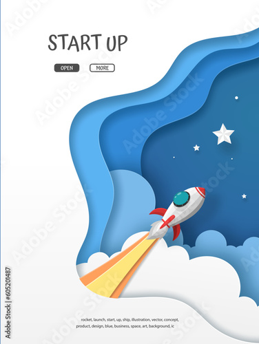 Rockets launch into the sky with text ,label and clouds on white blue background. Presentation background in business or startup concept. Vector illustration art in paper cut design.