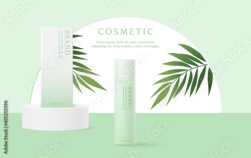 Natural cosmetics and skin care product ads template on green background with leaves.