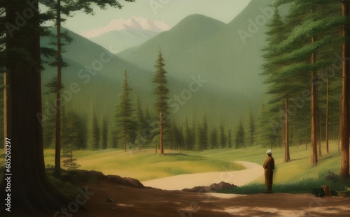 a painting of a man walking through a forest - Generative AI