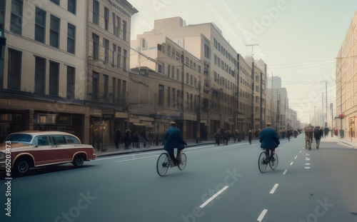 a city street with people riding bikes - Generative AI
