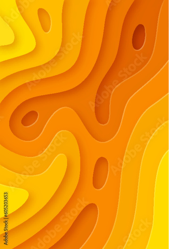 Papercut multi layers, 3D orange, yellow topographic pattern texture. Abstract paper cut relief imitation, topograpy map for presentation, flyer, poster, cover, brochure vector illustration