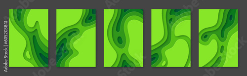 Abstract green paper cut shapes, carving art texture templates set. Modern papercut topography relief imitation with multi layers for banner, flyer, presentation, cover, brochure vector illustration