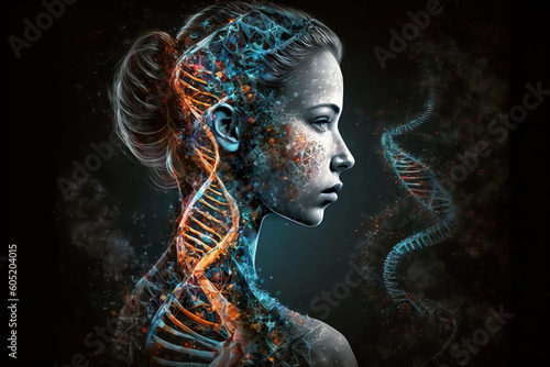 Abstract Woman portrait among DNA chains. Medical science and biotechnology concept. Generative Ai photo