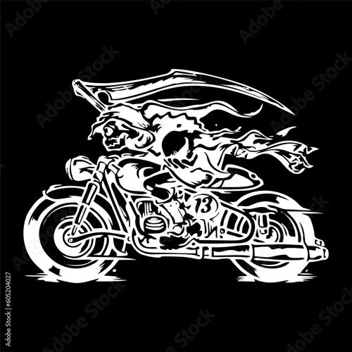illustration vector of skeleton skull grimreaper with scythe riding fast motorbike