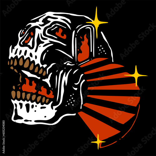 illustration vector of skeleton skull head burning inside and red stairs