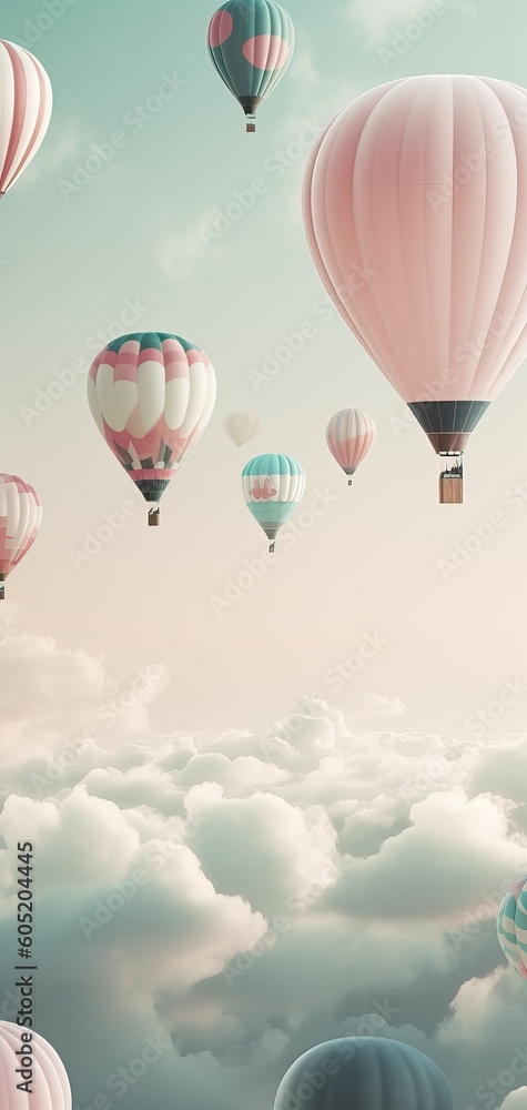 Beautiful vertical backgorund with hot air balloons up in the sky, in pastel colors. Generative Ai Beautiful vertical backgorund with hot air balloons up in the sky, in pastel colors. Generative Ai