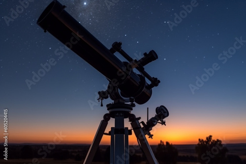 Astronomical telescope under a twilight sky ready for stargazing