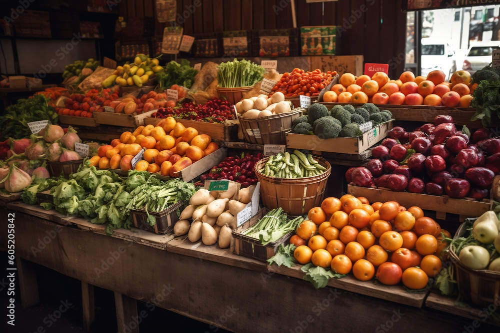 A photo capturing a vibrant farmer's market stand filled with fresh, organic fruits and vegetables, focusing on the variety of colorful produce, symbolizing healthy living and sustainable agriculture.