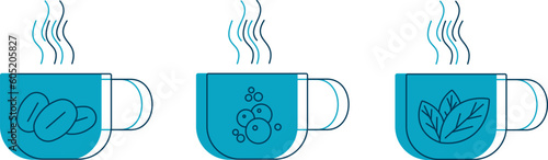 a cup of coffee, tea, juice and hot water, a set of vector icons for restaurants and cafes, vectors disassembled into layers with the possibility of color filling, набор авторских кружек