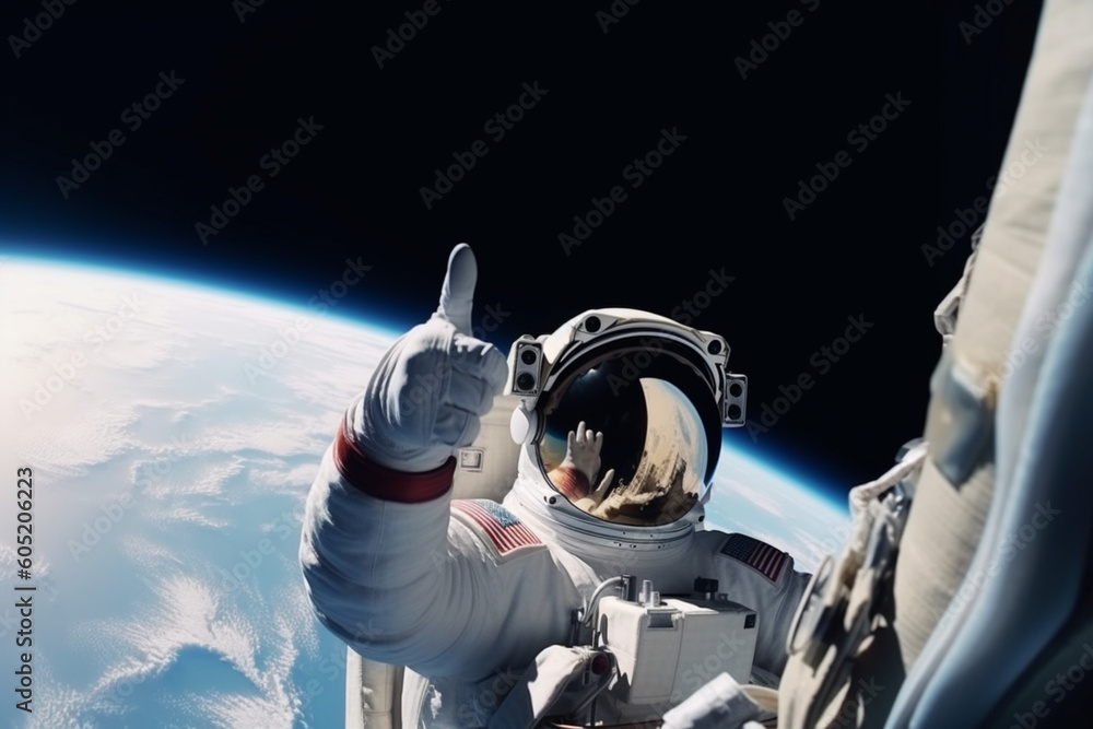 Astronaut in space giving thumbs up cosmonaut floating above