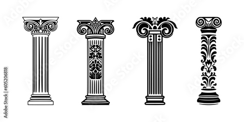 Pillar Icon, Greek Column Silhouette Set, Ancient Roman and Egyptian Pillars, Ionic Classical Architecture